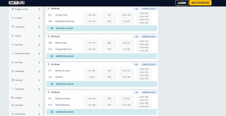 An image of the betting screen from BetUS, a popular online sportsbook in Washington DC.
